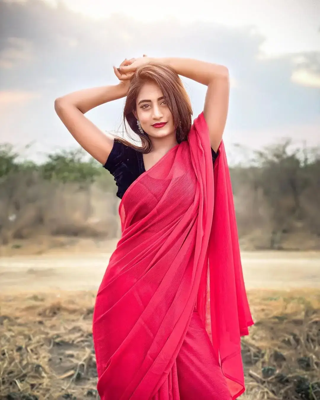 South Indian Actress Nayani Pavani in Traditional Red Saree